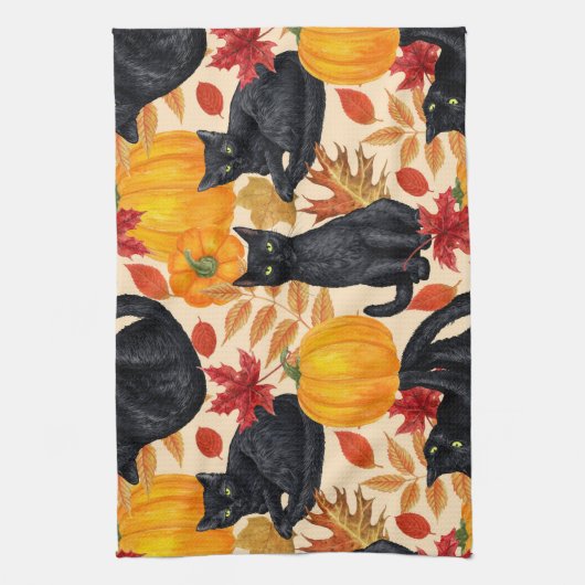 Zwarte katten en pompoenen theedoek (Verticaal)