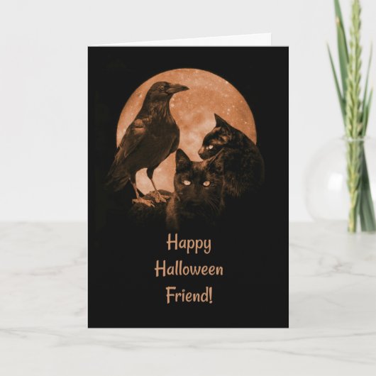 Zwarte katten en Raven Friend Halloween Kaart (Voorkant)