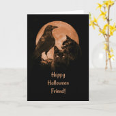 Zwarte katten en Raven Friend Halloween Kaart (Gele Bloem)