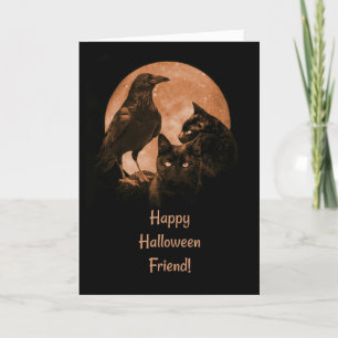 Zwarte katten en Raven Friend Halloween Kaart