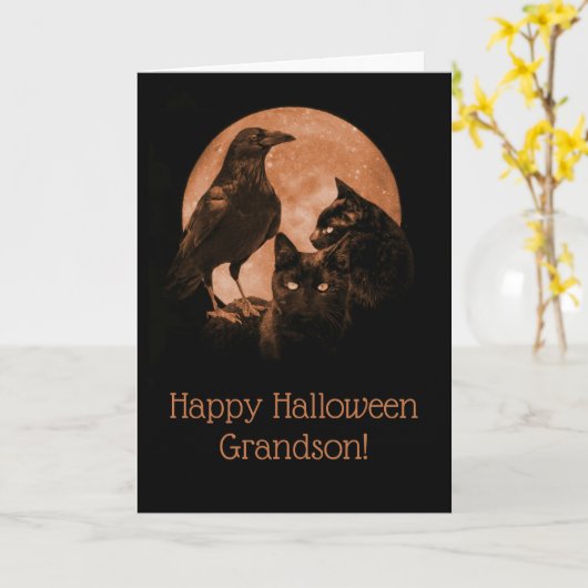 Zwarte katten en Raven Grandson Halloween Kaart (Gele Bloem)
