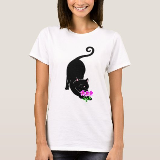 zwarte katten en roze bloemen t-shirt (Voorkant)