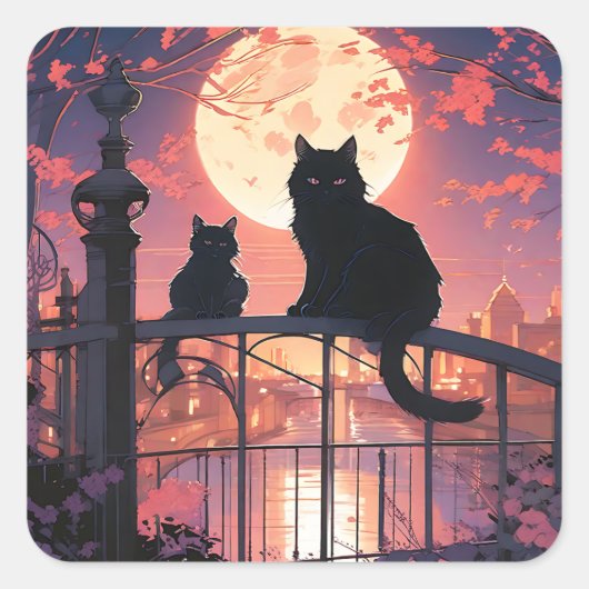 Zwarte Katten en Volle Maan Vierkante Sticker (Voorkant)