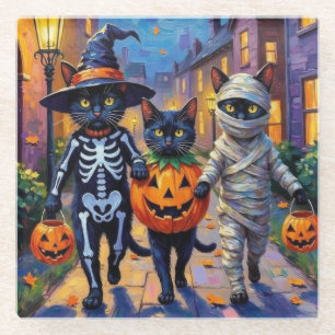 Zwarte katten gaan langs de deuren in Halloween-ko Glazen Onderzetter