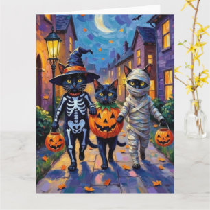 Zwarte katten gaan langs de deuren in Halloween-ko Kaart