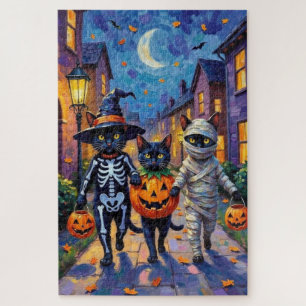 Zwarte katten gaan langs de deuren in Halloween-ko Legpuzzel
