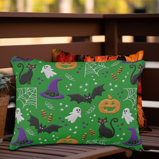 Zwarte katten geesten vleermuizen groen patroon Ha Accent Kussen (Creator heeft geüpload)