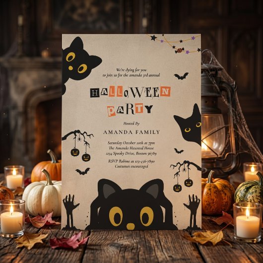 Zwarte Katten Halloween Feest Uitnodiging