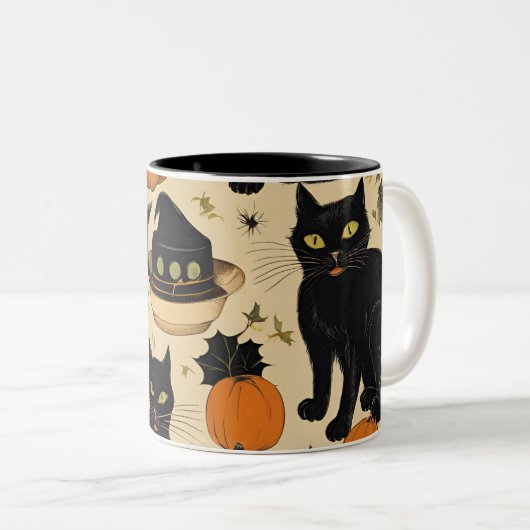 Zwarte katten Halloween Horror Cadeaus Grappig Boo Tweekleurige Koffiemok (Voorkant rechts)