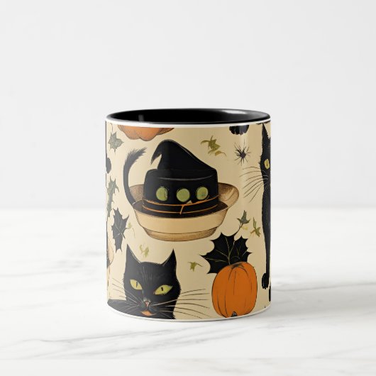Zwarte katten Halloween Horror Cadeaus Grappig Boo Tweekleurige Koffiemok (Center)