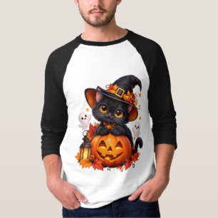 Zwarte Katten Halloween Pompoen Raglan T-shirt