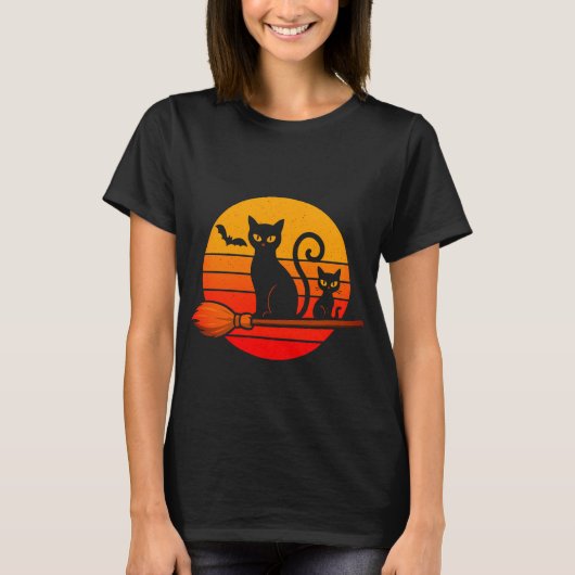 Zwarte katten halloween retro t-shirt (Voorkant)