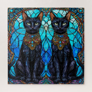 Zwarte katten in artistiek glas-in-loodontwerp legpuzzel