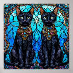 Zwarte katten in artistiek glas-in-loodontwerp poster
