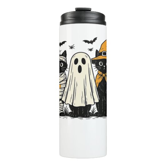 Zwarte katten in Halloween-kostuums - Ghost, Witch Thermosbeker (Voorkant)