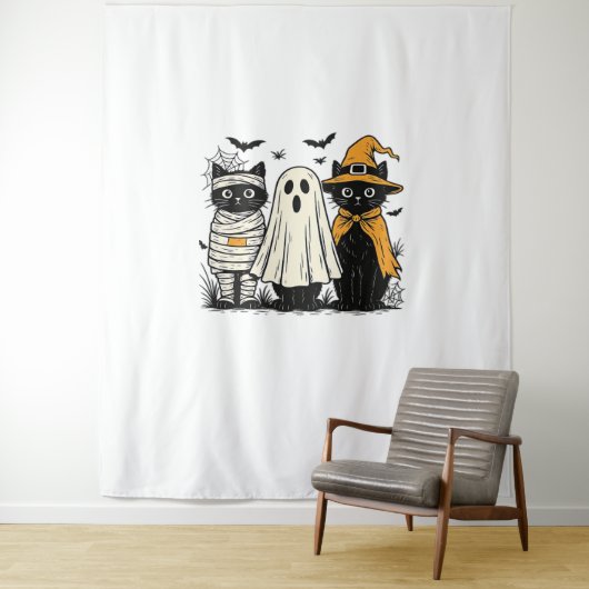 Zwarte katten in Halloween-kostuums - Ghost, Witch Wandkleed (In situ)
