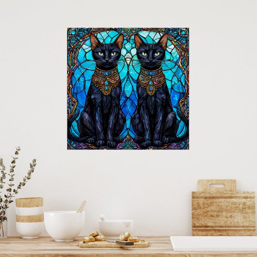 Zwarte katten in het Glas in lood Poster (Keuken)