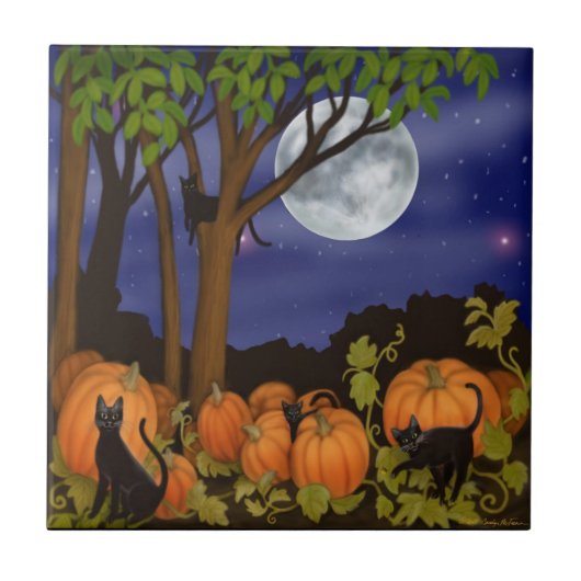Zwarte katten in Pumpkin Patch Tile Tegeltje (Voorkant)