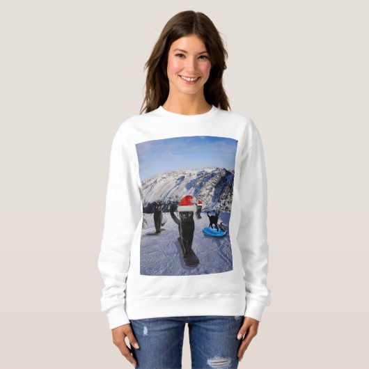 Zwarte katten in Santa Hats Snowboarden Adventure Trui (Voorkant volledig)