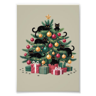 Zwarte Katten Kerstboom Kat Liefhebber Xmas Lichtj Foto Afdruk