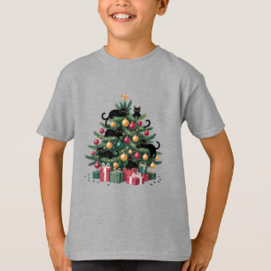 Zwarte Katten Kerstboom Kat Liefhebber Xmas Lichtj T-shirt