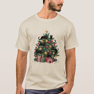 Zwarte Katten Kerstboom Kat Liefhebber Xmas Lichtj T-shirt