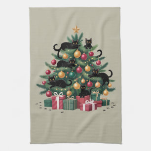 Zwarte Katten Kerstboom Kat Liefhebber Xmas Lichtj Theedoek