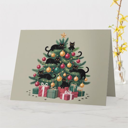 Zwarte katten kerstboom kattenliefhebber kerstlich kaart (Gele Bloem)
