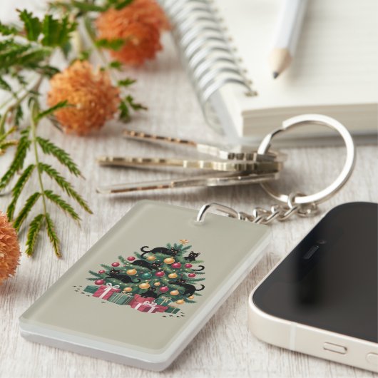 Zwarte Katten Kerstboom Kattenliefhebber Kerstlich Sleutelhanger (Voorkant Rechts)