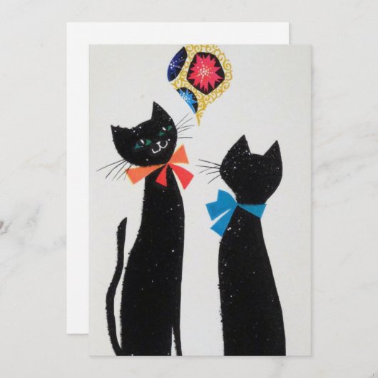  zwarte katten kijken naar versiering feestdagenkaart (Voorkant / Achterkant)