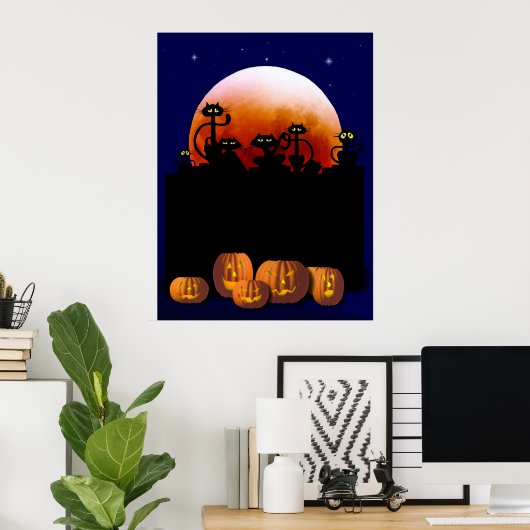 Zwarte katten, maan, pompoenen Poster (Thuiskantoor)