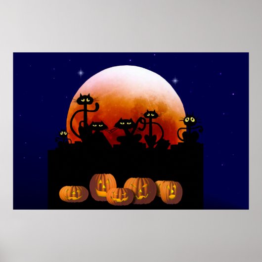 Zwarte katten, maan, pompoenen Poster (Voorkant)