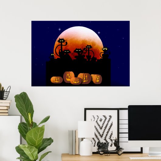 Zwarte katten, maan, pompoenen Poster (Thuiskantoor)