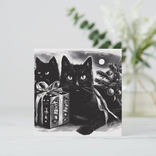 Zwarte katten met kerstcadeau kaart (Staand voorkant)