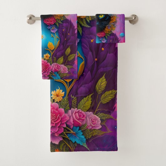 Zwarte katten omringd door bloemen bad handdoek (Insitu)
