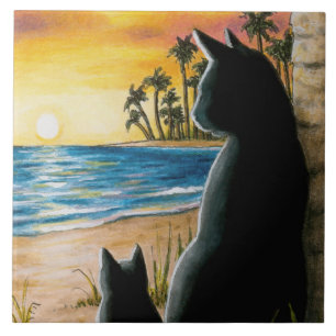 Zwarte katten op het strand Cat 597 Tegeltje