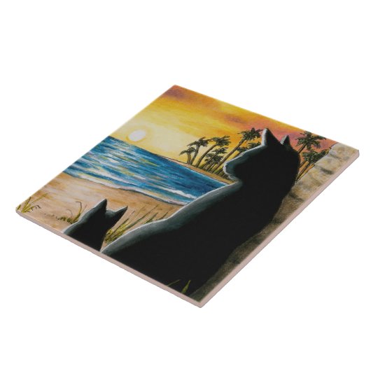 Zwarte katten op het strand Cat 597 Tegeltje (Zijkant)