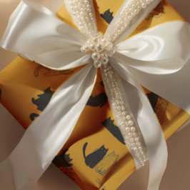 Zwarte katten op mosterd met blauwe contouren– mod cadeaupapier