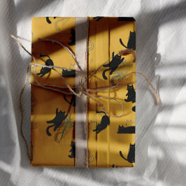 Zwarte katten op mosterd met blauwe contouren– mod inpakpapier vel