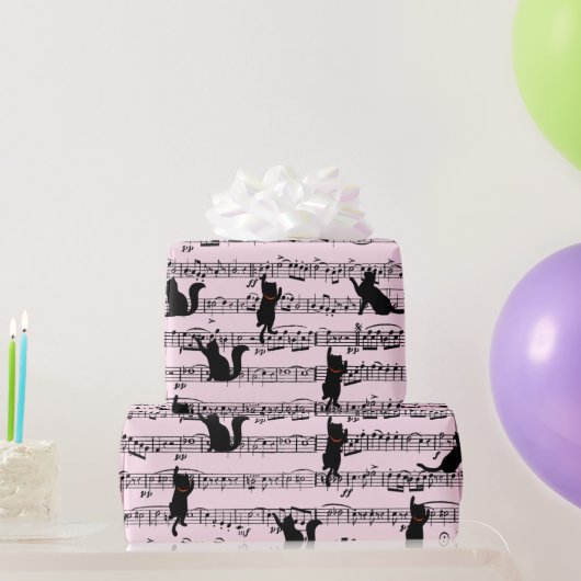 Zwarte katten op roze vel muziek cadeaupapier (Feestgeschenken)