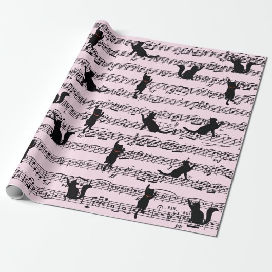 Zwarte katten op roze vel muziek cadeaupapier (Uitgerold)