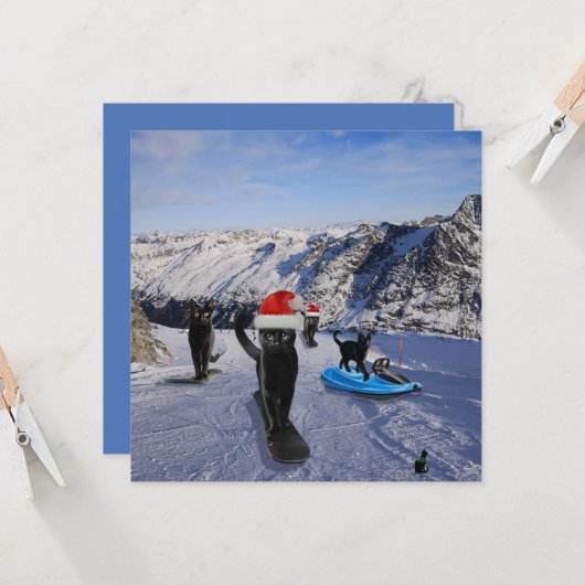 Zwarte katten op snowboards gevouwen Wenskaart Kaart (Voorkant / Achterkant in situ)