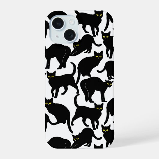 Zwarte katten op wit iPhone 15 case (Achterkant)