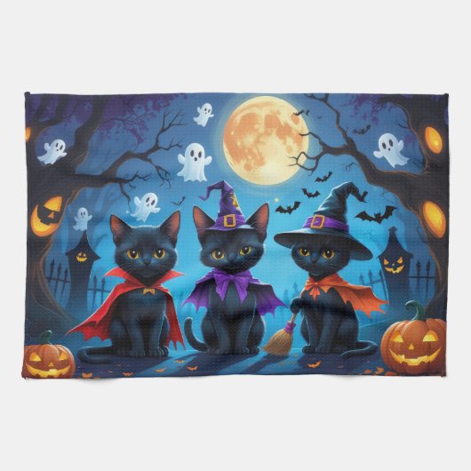 Zwarte Katten Pompoen Halloween Grappig Theedoek (Horizontaal)