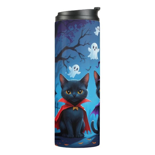 Zwarte Katten Pompoen Halloween Grappig Thermosbeker (Gedraaid links)