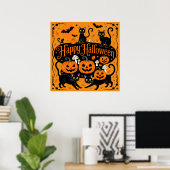 Zwarte katten pompoenen en vleermuizen Happy Hallo Poster (Thuiskantoor)