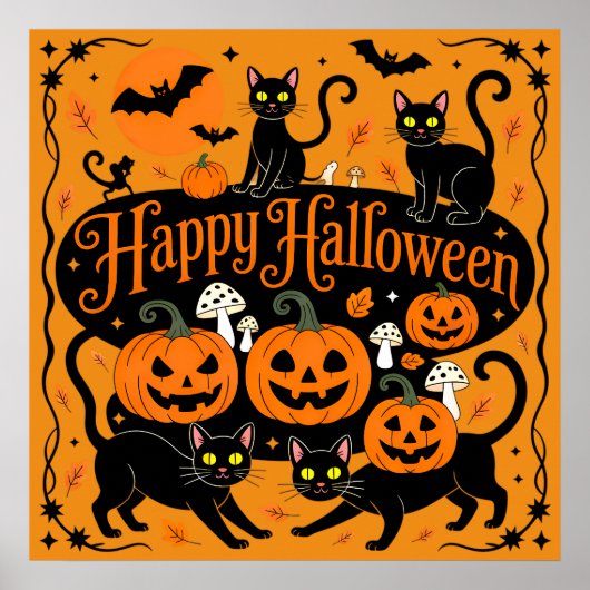 Zwarte katten pompoenen en vleermuizen Happy Hallo Poster (Voorkant)