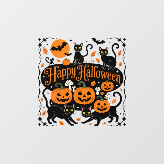 Zwarte katten pompoenen en vleermuizen Happy Hallo Raamsticker (Vel)