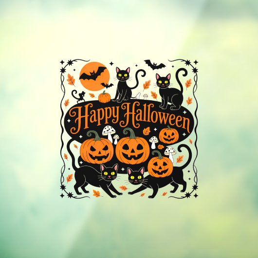 Zwarte katten pompoenen en vleermuizen Happy Hallo Raamsticker (Vel 3)