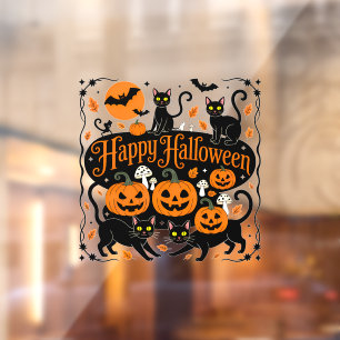 Zwarte katten pompoenen en vleermuizen Happy Hallo Raamsticker